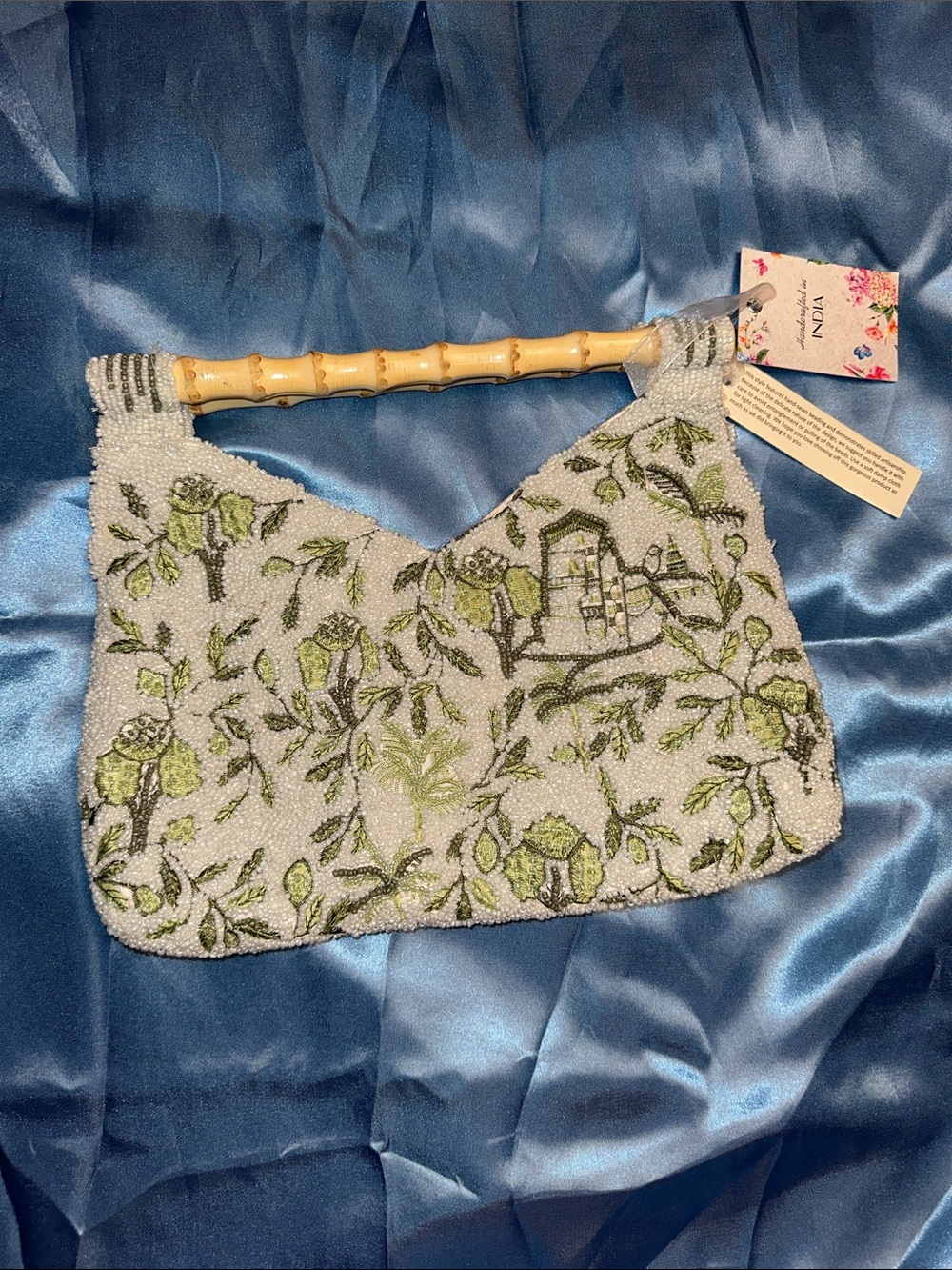 Handcrafted Beaded Floral Bamboo-Handle Shoulder Bag